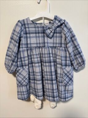 Blue Plaid Long-Sleeve Kids Dress with Bow